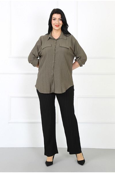 By Alba Collection Γυναικείο πουκάμισο Χακί Twist Υφασμάτινο Plus Size