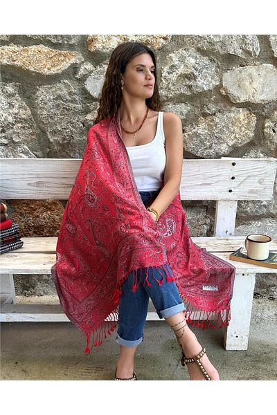 ByEnBi Red Gray Colored Pashmina Shawl - 70x185, 50% Modal and 50% Silk