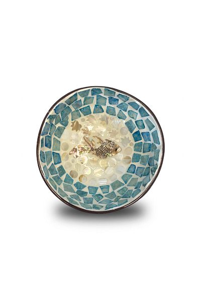 Coconut Products Fish Design Mother of Pearl Finish, Coconut Bowl and Wicker Bowl Base - Snack Bowl