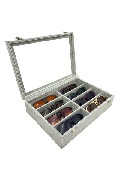 kutuveaksesuar Glasses Box Gray Suede Fabric Covered 8 Pieces of Glasses Capacity