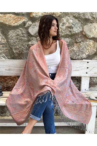ByEnBi Grey-Pink Colored Pashmina Shawl - Single Size 70x185 50% Modal Silk