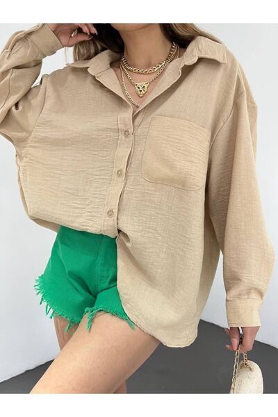 BİKELİFE Női bézs egyzsebű, túlméretezett lenvászon ing