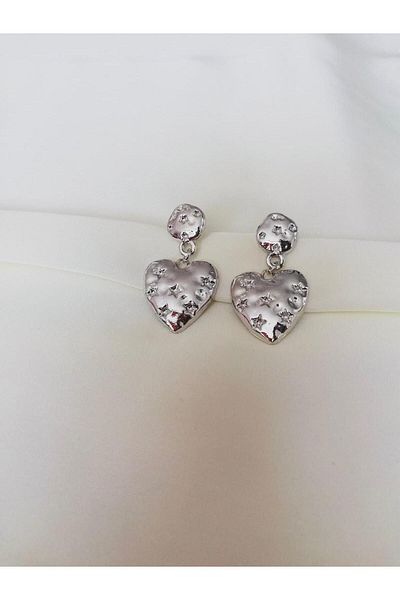 Judas Takı Star Detailed Silver Heart Earrings - Women