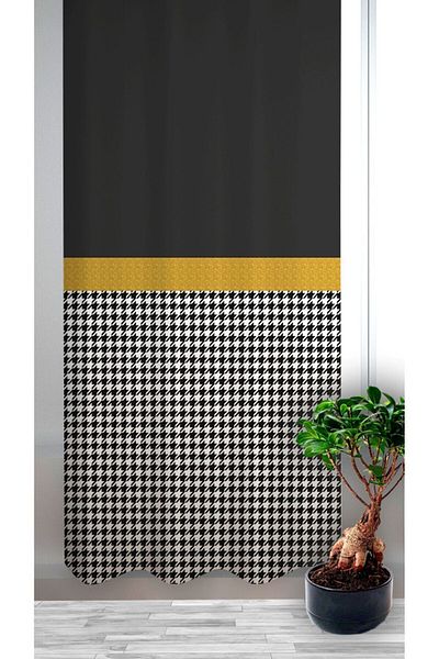 Ardizayn Houndstooth, Gold Detail, Digital Printed, Velvet Fabric Single Wing Background Curtain