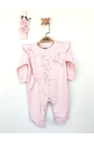 MİNİBORN Newborn Girl Swallow Embroidered Pink Jumpsuit Set