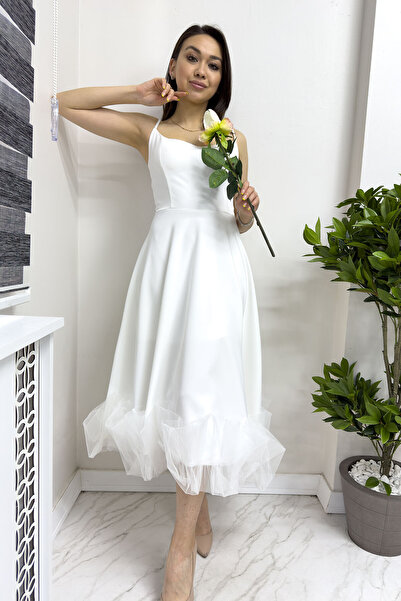 Elbise Delisi Kadın Beyaz Kloş Etek Ucu Tül Detay Midi Abiye Elbise Siyah,Beyaz