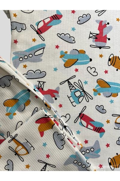 elmas kids Boy's Cotton Helicopter Airplane Patterned Ribbed Short Sleeve Summer Pajamas Set