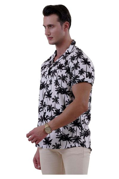 Exve Exclusive Μαύρο φοίνικα εμπριμέ Λευκό Oversize Casual πουκάμισο - Κοντό μανίκι
