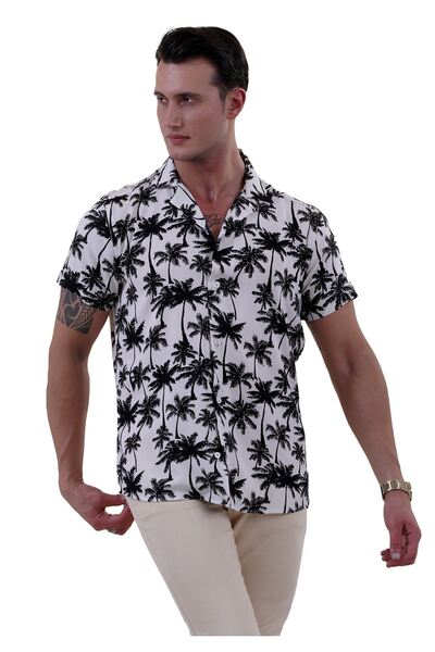 Exve Exclusive Cămașă casual oversize, albă, neagră, imprimată cu palme - cu mânecă scurtă