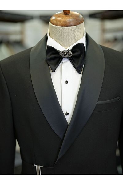 LONATOLİA Men's Premium Silver Buckle Italian Style Slim Fit Jacket and Trousers - Bow Tie