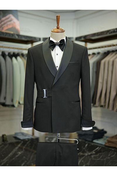 LONATOLİA Men's Premium Silver Buckle Italian Style Slim Fit Jacket and Trousers - Bow Tie