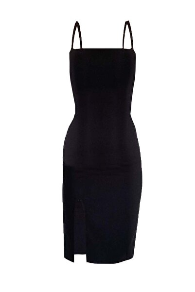 Due Stelle Kadın Siyah Önden Yırtmaçlı Likralı Parti Dans Tango Elbisesi - Iç Göstermeyen