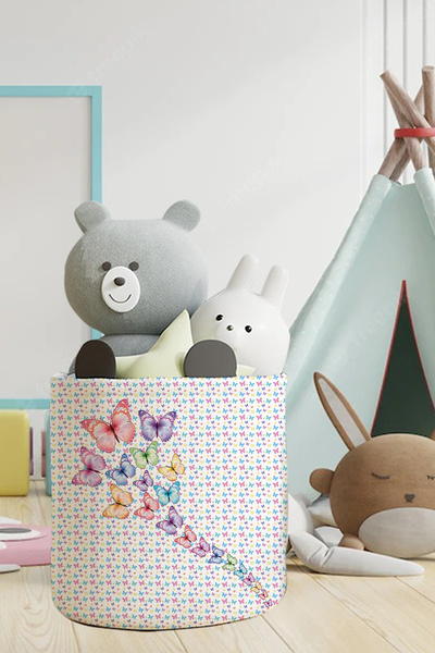 Talia Home Organizator pentru cameră pentru copii și bebeluși cu model de fluturi - Coș pentru jucării și obiecte murdare TLAS-115