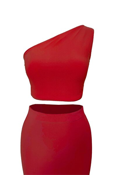 Due Stelle Double Sided Women's One Shoulder Patterned Crop Blouse Red - Abstract