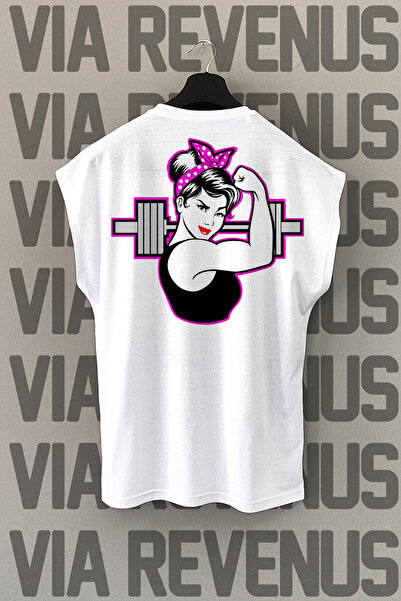 Vordevia Tricou sport alb - Muscle Girl, imprimat pe spate, mâneci zero