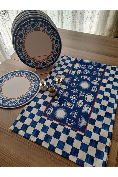 Dream Home Aslıdreamhome American & Service Runner, Blue Cup Pattern Runner, și set de 6 plăci MDF