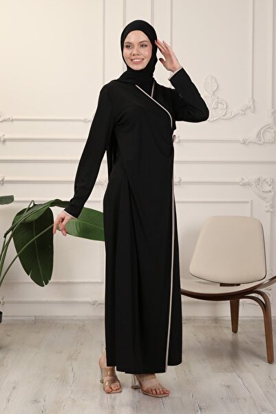 Transacoustic Siyah Kruvaze Yaka Biyeli Esnek Interlok Kumaş Namaz Elbisesi
