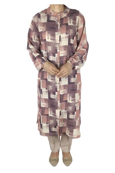 ECE GİYİM Patterned Chiffon Crepe Tunic Shirt - Buttoned and Elastic Sleeves