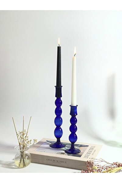 Genel Markalar 2'li El Yapımı Mavi Cam Şamdan Borosilikat Cam Mumluk