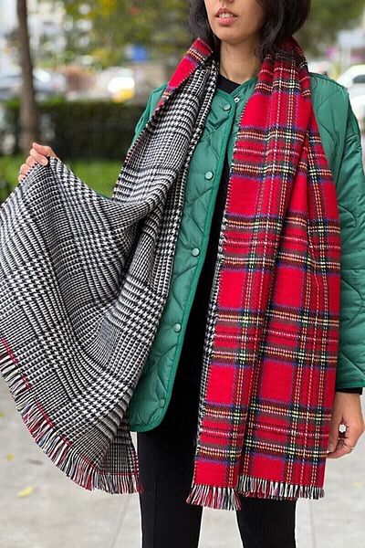 çiğdem eşarp Masalsu Double Sided Scottish Plaid Patterned Scarf Shawl