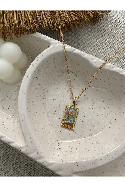 Fiamoss Kadın Altın Kaplama The Sun Tarot Kartı Plaka Kolye