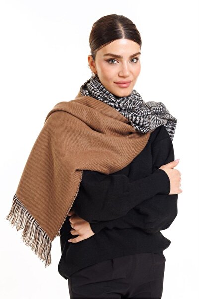 Multi Brand Διπλής όψης Καφέ Χρώμα Καρό Μάλλινο Σάλι Ώμου 70x190cm Δέσιμο Χειμερινό Γυναικείο Φουλάρι