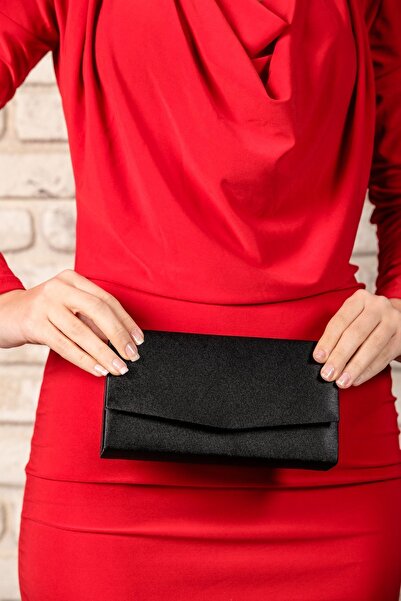 ROZA CANTA Kadın Siyah Saten Mini Kutu Omuz Abiye Çantası