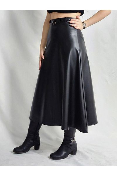 YAXİ Fusta din piele neagra - lungime midi, cu detaliu curea