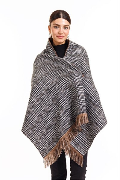 Multi Brand Διπλής όψης Καφέ Χρώμα Καρό Μάλλινο Σάλι Ώμου 70x190cm Δέσιμο Χειμερινό Γυναικείο Φουλάρι