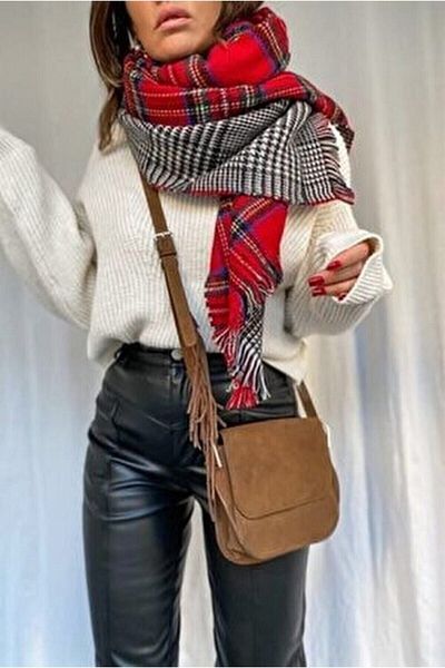 çiğdem eşarp Women's Red Scottish Pattern Double Sided Soft Textured Scarf Iskociftaraf