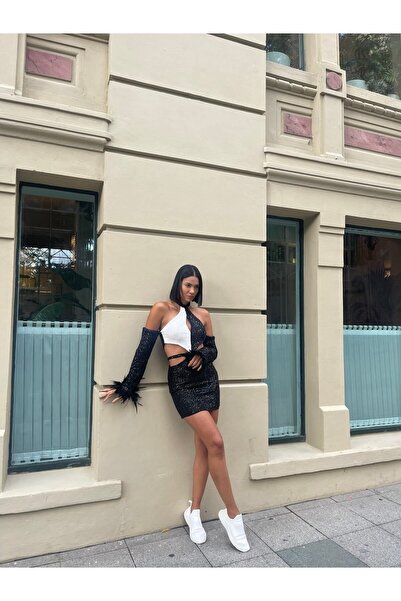 İambabydesign فستان من ريش الأوز مزين بالترتر بلونين