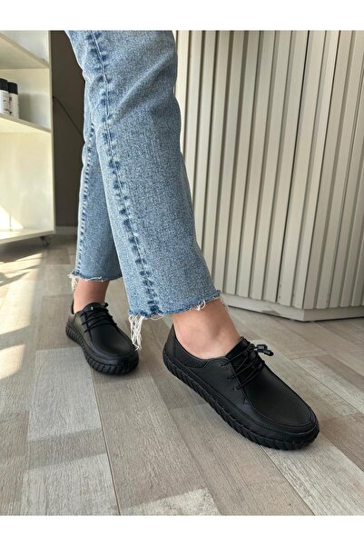 Hermones Valery Black Genuine Leather Rubber Laced Women's Casual Shoes