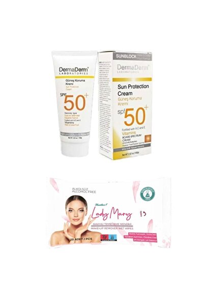 DermaDerm Spf 50 Güneş Koruma Kremi 100 gr & 25 li Makyaj Temizleme Mendili