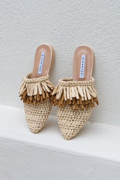 NİŞANTAŞI SHOES Papuci de damă Viana Bej Tricotat Bej Tan cu ciucuri