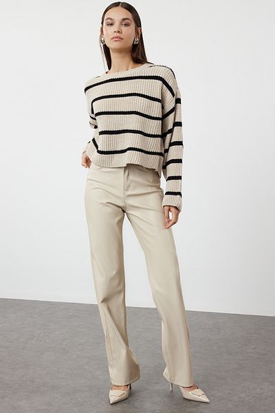 Trendyol Collection Cream Crop Basic Striped Knitwear Sweater TWOAW23KZ00390