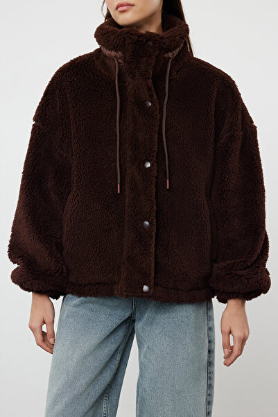 Trendyol Collection Oversize hnědá plyšová bunda - na zip, Twoaw21Mo0132