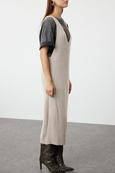 Trendyol Collection Stone Maxi Výstřih do V Gilet Pletené šaty TWOAW24EL00011