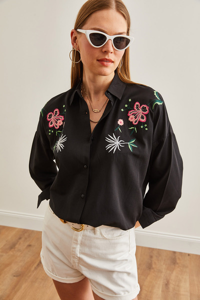 Olalook Γυναικείο πουκάμισο Oversize σε μαύρο κεντημένο Lilyum - GML-19001228