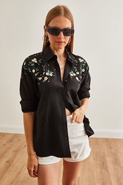 Olalook Daisy Black Embroidered Oversize Women's Shirt - GML-19001228