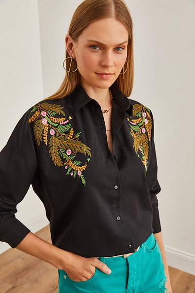Olalook Leaf Black vyšívaná oversize dámská košile - GML-19001228
