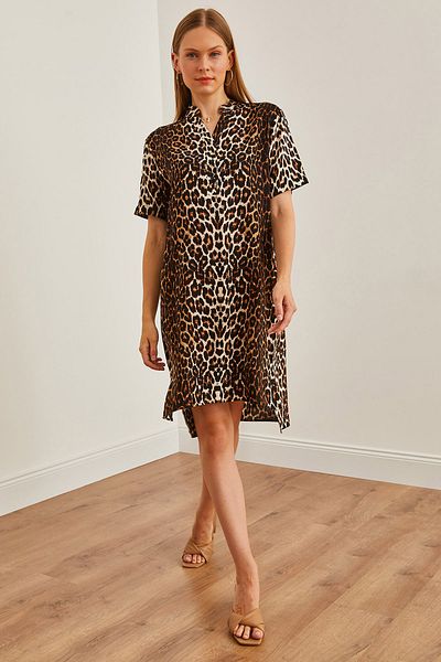 Olalook Μίνι γυναικείο μαύρο φόρεμα Leopard Print - Λεπτομέρεια με γιακά και κουμπιά ELB-19002224