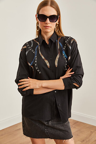 Olalook Black Palm Sequin Detailed Women's Woven Shirt - GML-19001225
