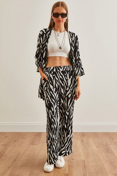Olalook Leaf Black Kimono and Pocket Trousers Set - TKM-19000276