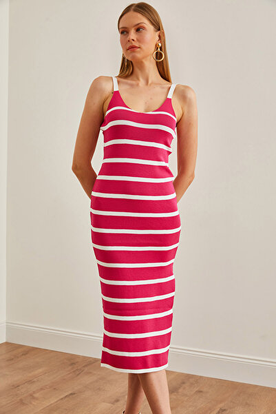 Olalook Γυναικείο πλεκτό φόρεμα φούξια με ριγέ ριγέ - ELB-19002163