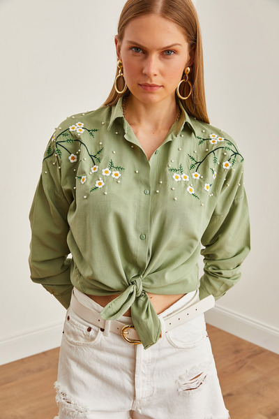 Olalook Daisy Green Embroidered Oversize Women's Shirt - GML-19001228