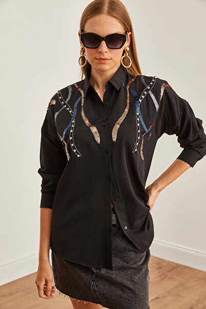 Olalook Black Palm Sequin Detailed Women's Woven Shirt - GML-19001225