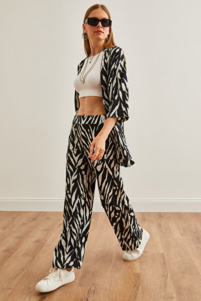 Olalook Sada černých listových kimon a kalhot do kapsy - TKM-19000276