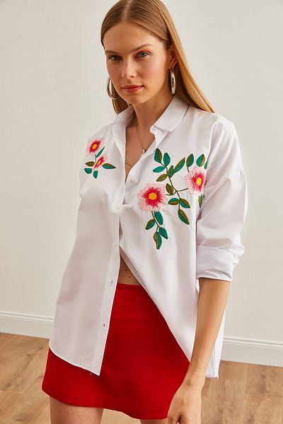 Olalook Λευκό κεντημένο πουκάμισο Azalea Oversize - GML-19001228