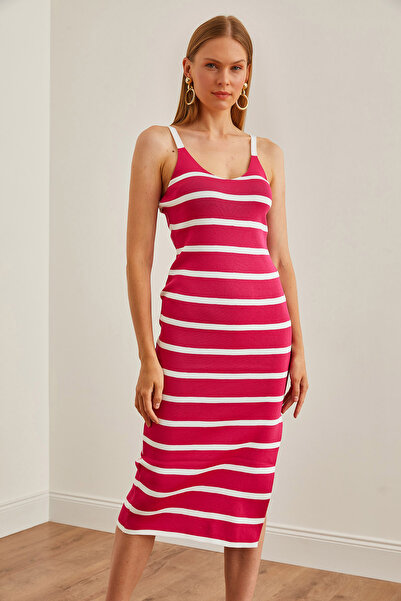 Olalook Γυναικείο πλεκτό φόρεμα φούξια με ριγέ ριγέ - ELB-19002163
