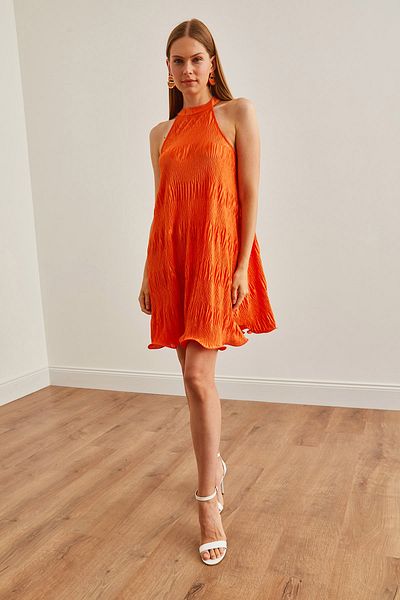 Olalook Orange Halter Neck Pleated Women's Dress - ELB-19002220